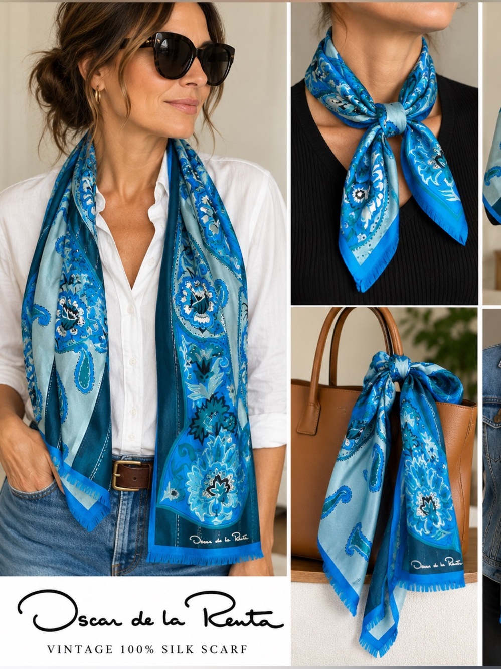 Vintage Oscar de la Renta 100% Silk Blue Paisley Scarf